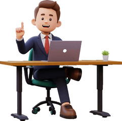 Businessman with Idea: A cheerful 3D rendered cartoon businessman sits at his desk, laptop open, with an idea. He's confidently pointing upwards, showcasing his innovative thinking.