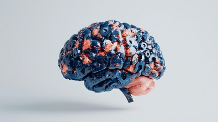 A detailed 3D digital brain model featuring interconnected gears and machinery parts symbolizing cognitive processes and mechanical thinking.