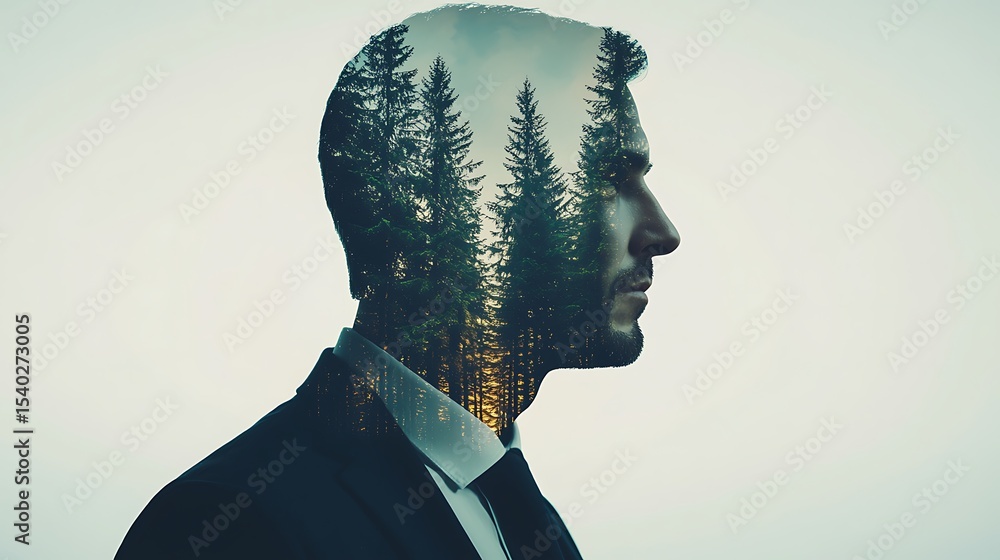 Poster a double exposure image blending a man's profile in a suit with tall evergreen trees, symbolizing a 