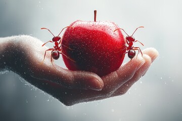 Surreal close-up of a hand delicately holding a glistening red apple, flanked by two large ants.  The scene is softly lit with a subtle, ethereal dust effect