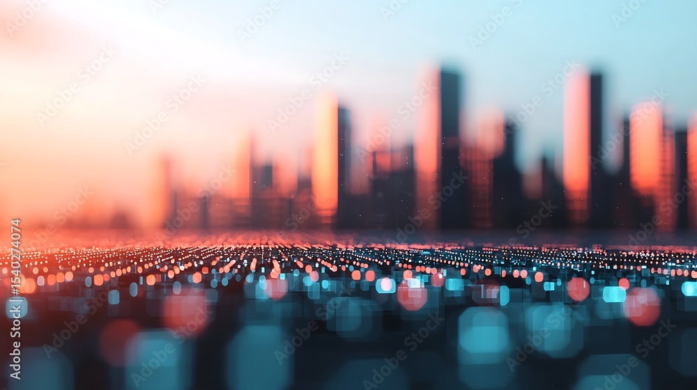 Poster a blurred futuristic cityscape at sunset with glowing lights creating a bokeh effect over a digital 