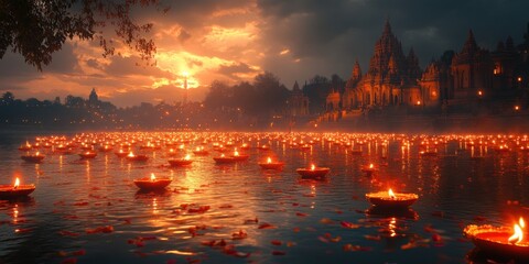 Floating Candles on Water with Temple Buildings at Dusk