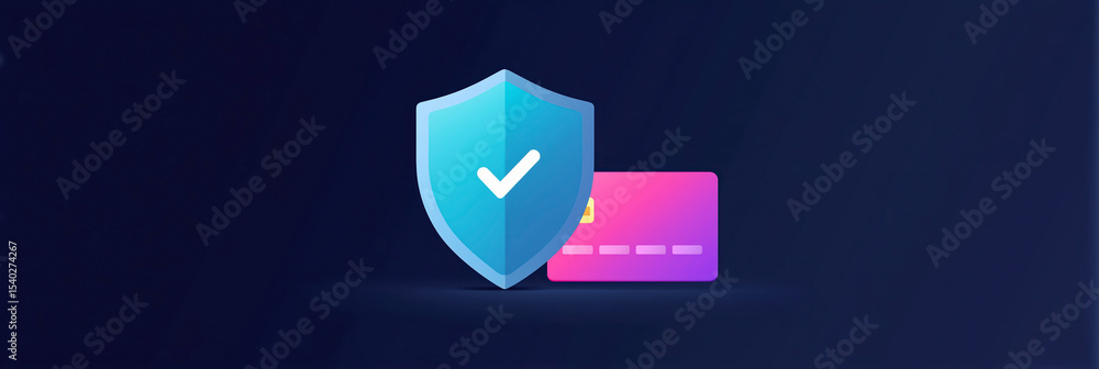 Poster secure shield icon with check mark and credit card illustration on dark background representing onli