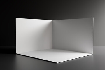 Corner stand. exhibition booth. Showroom. Square corner. Empty geometric square. Blank box template. White blank exhibition stand. Presentation event room. 3d render
