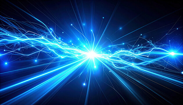 闇を裂く青い電撃のエネルギー爆発・SF感漂う光の軌跡背景
– Blue Electric Energy Burst with Glowing Trails on Dark Background – Sci-Fi Abstract Theme

