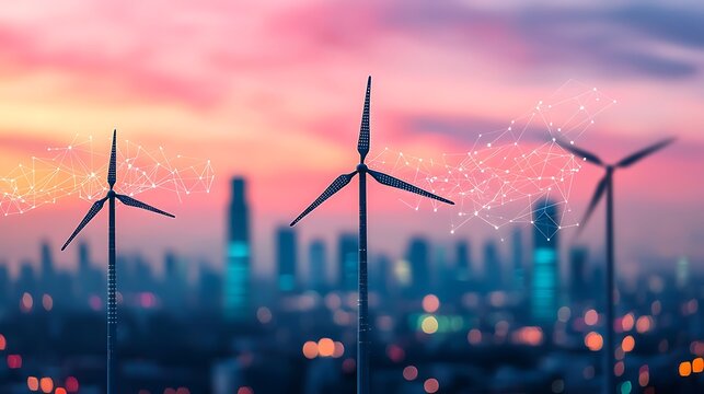Wind turbines stand against a city skyline at sunset, symbolizing renewable energy and technological innovation with a digital connection overlay.