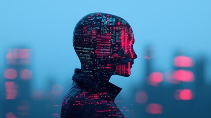 Silhouette of a human head filled with digital cityscape lights, symbolizing technology and artificial intelligence integration.