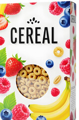 Cereal box with a transparent background. The box features colorful illustrations of strawberries, blueberries, and bananas. A circular window shows the cereal inside.