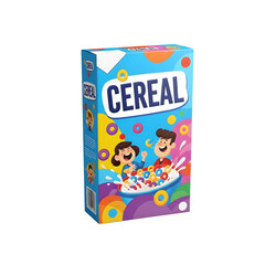A colorful cereal box with cartoon characters enjoying cereal in a bowl. The background is transparent, highlighting the vibrant design and playful elements.
