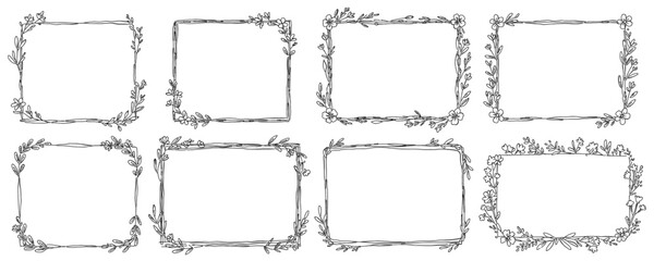 花と草と葉の四角いフレームの白黒の線画ベクターイラストセット /シンプルでおしゃれな手書きのラインアート