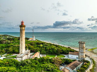 WHALE LIGHTHOUSE from a drone, Saint-Clement-des-Baleines, Atlantic, France, Europe