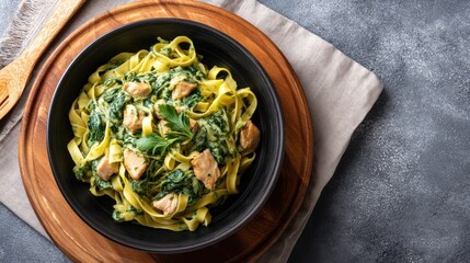 Tagliatelle with chicken and creamy spinach in black bowl.
