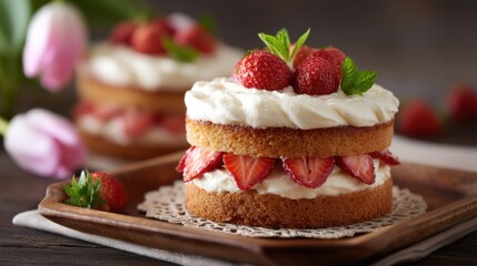 Delicious strawberry shortcake with fresh cream and mint garnish on wooden plate.