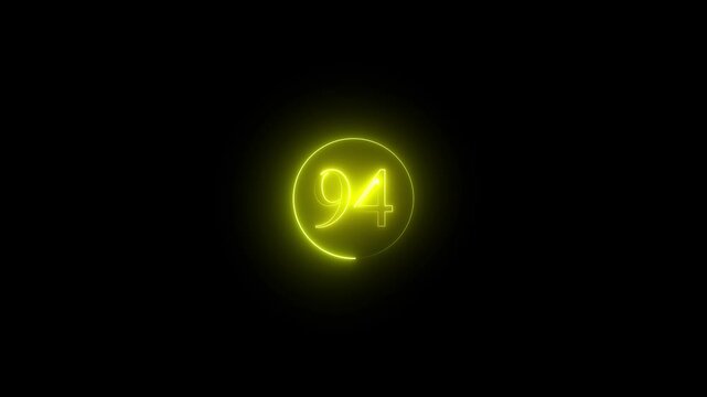 black background 4k animation. Neon number 94 with Energy red neon 94 number. Abstract glowing neon text 94 number countdown icon. Educational mathematics 94 animation on black background.4k, video