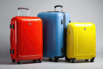 a large red suitcase, a blue medium suitcase, a small yellow suitcase on a white background. The concept of rest and vacation