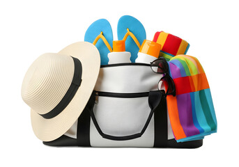A beach bag filled with summer essentials. It includes a straw hat, colorful towel, sunscreen bottles, and blue flip-flops. All items are on a transparent background.