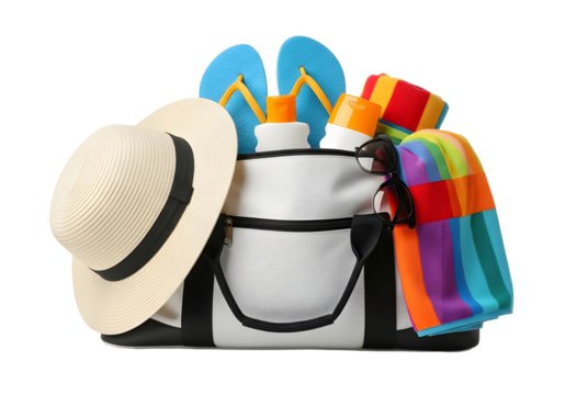 A beach bag filled with summer essentials. It includes a straw hat, colorful towel, sunscreen bottles, and blue flip-flops. All items are on a transparent background.