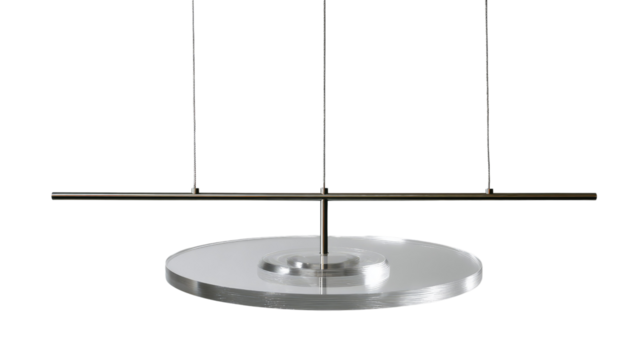 Minimalist Modern Light Fixture: A contemporary light fixture showcases a clean, elegant design, featuring a sleek horizontal bar and a circular disc element suspended from the ceiling.