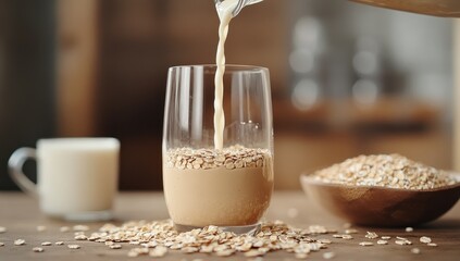 Milk being poured into a glass of oat beverage