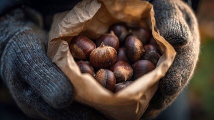 Autumn Harvest: Hand-held bag of roasted chestnuts captured a moment of rustic charm, a warm embrace, evoking the spirit of autumn and the joy of harvest.