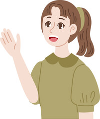 Smiling Girl Waving: A friendly young woman with brown hair tied in a ponytail smiles warmly, her hand raised in a friendly wave. Her expression is open and approachable.
