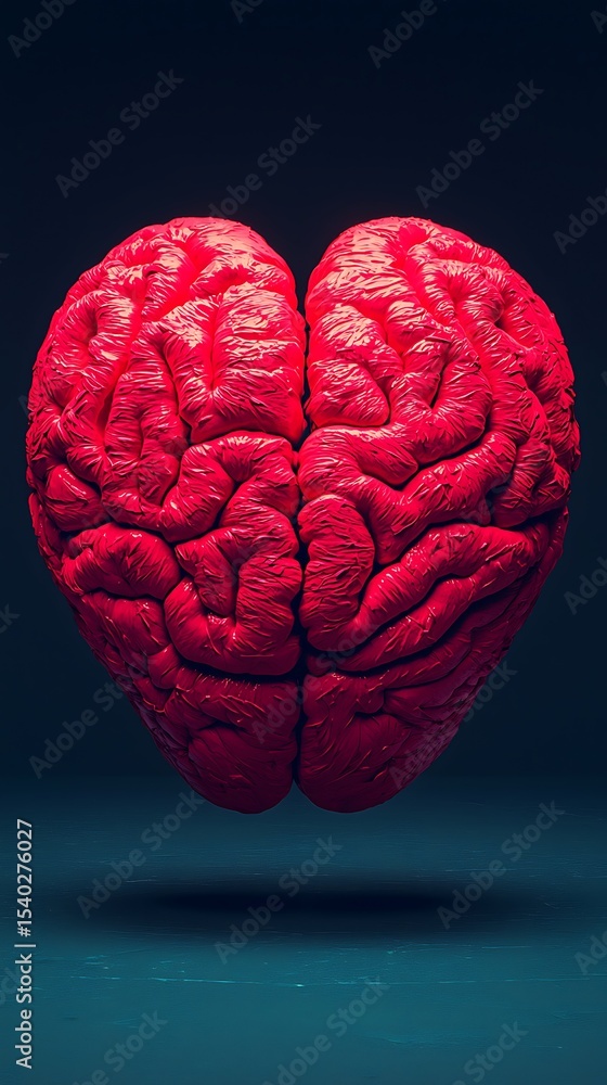 Poster a red brain-shaped object resembling a heart, symbolizing the connection between intellect and emoti