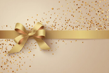 Golden Luxury Abstract Background with Ribbon and Confetti. Invitation Card.

