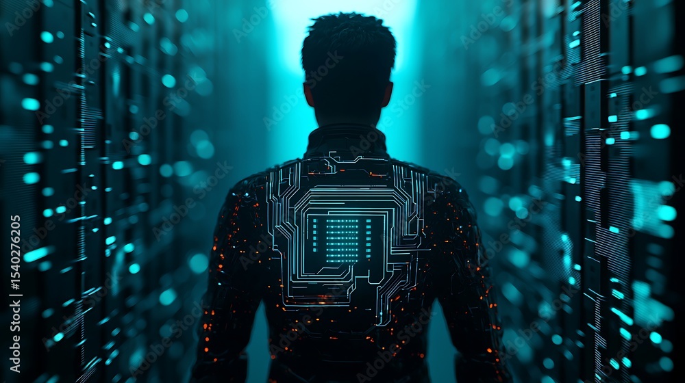 Poster a person faces glowing data panels with digital circuitry projected on their back, symbolizing integ