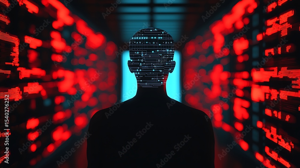 Poster a silhouette of a person facing a digital corridor filled with glowing red code lines, symbolizing c