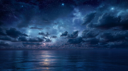 Dark ocean at night under a starlit sky, shimmering stars reflecting on water, moody seascape, dreamy cosmic atmosphere, tranquil marine night scene