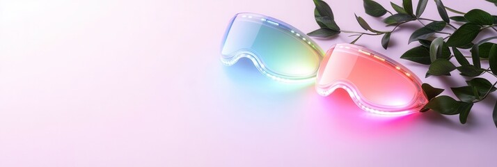 Futuristic led visor sunglasses with gradient colors and green leaves.