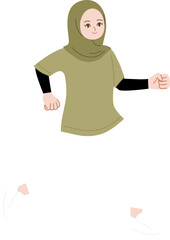 Muslimah Running for Wellness: Dynamic illustration of a confident woman in a hijab running, representing fitness, health, and active lifestyle. She is running to represent wellness.