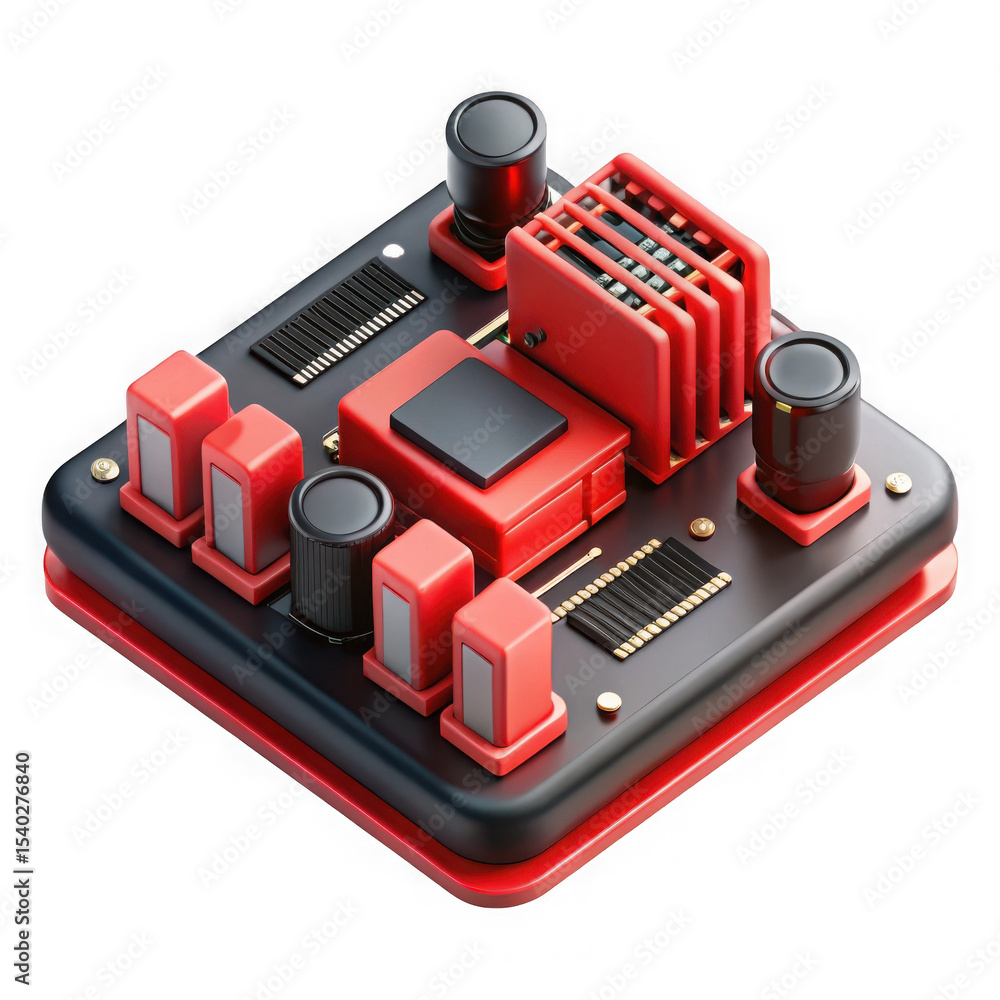 Poster red and black circuit board device isolated on transparent background