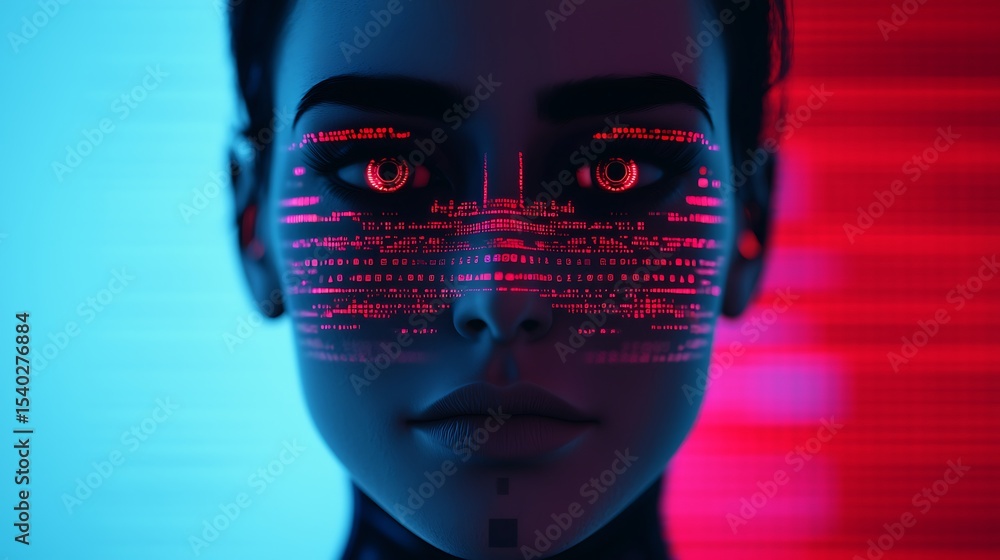 Poster a futuristic digital face with glowing red code and data overlays, split by a blue and red backgroun