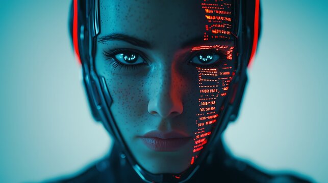 A close-up of a female humanoid robot with digital code glowing on one side of her face, blending human features and advanced technology.