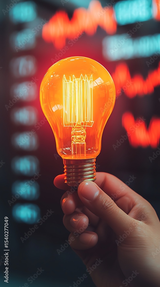 Poster a hand holds an illuminated filament light bulb against a blurred background showing fluctuating fin