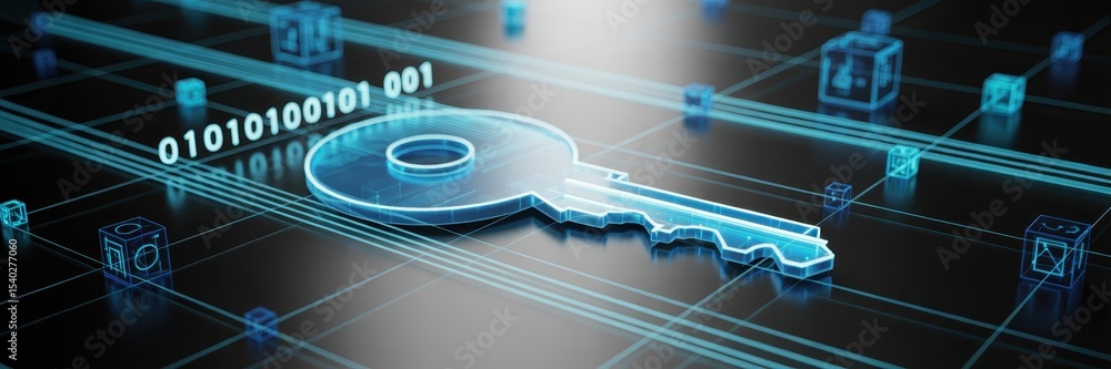 Poster digital key graphic on a technological surface.