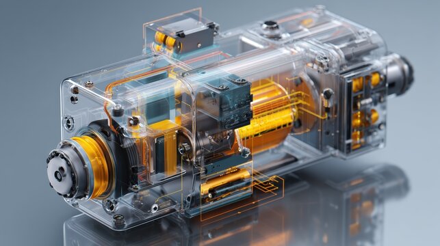 3D render of a low-carbon ethanol fuel cell engine concept, labeled parts, transparent casing showing internal mechanisms, futuristic lab background, highly detailed,  illustration