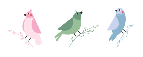 Hand drawn beautiful birds set. Colorful bird sitting on a tree branch.
