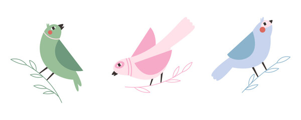 Colorful birds sitting on branches. Hand drawn spring birds set of illustrations or stickers.