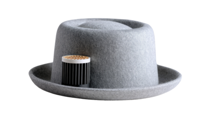 Modern Millinery: A minimalist portrayal of a sophisticated, gray fedora, complemented by a contemporary accessory. A visual feast that merges fashion, design, and refined taste.