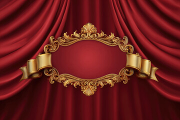Gold award frame with golden silk ribbon on red curtain. vintage luxury banner for awards ceremony, elegant frame invitation on royal curtain mantle background.

