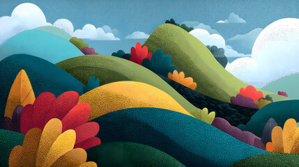 Smooth, curved hills with a few colorful, basic flower shapes scattered around