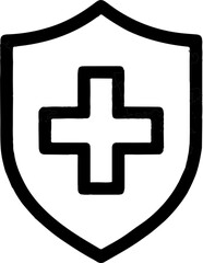 Obraz premium Black and White Graphic Illustration of a Bold Shield Icon Featuring a Central Cross Symbol Representing