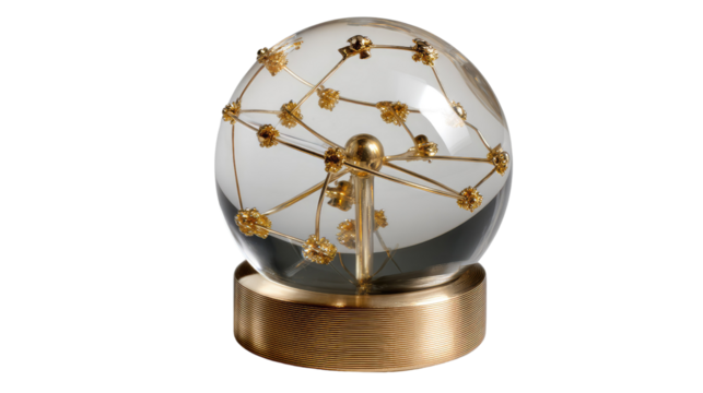 Globe of Connectivity: A gleaming glass sphere holds an intricate network of golden connections, a symbol of global integration, innovation, and communication