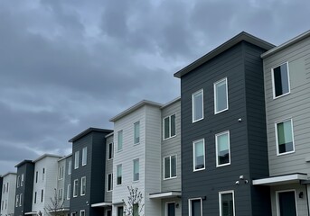 Row of modern townhouses with gray facade under cloudy sky, showcasing urban architecture ai generated