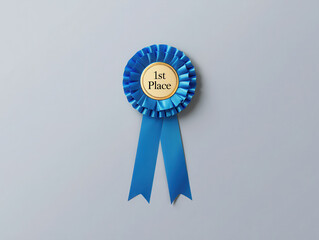 Blue first place award ribbon on gray background