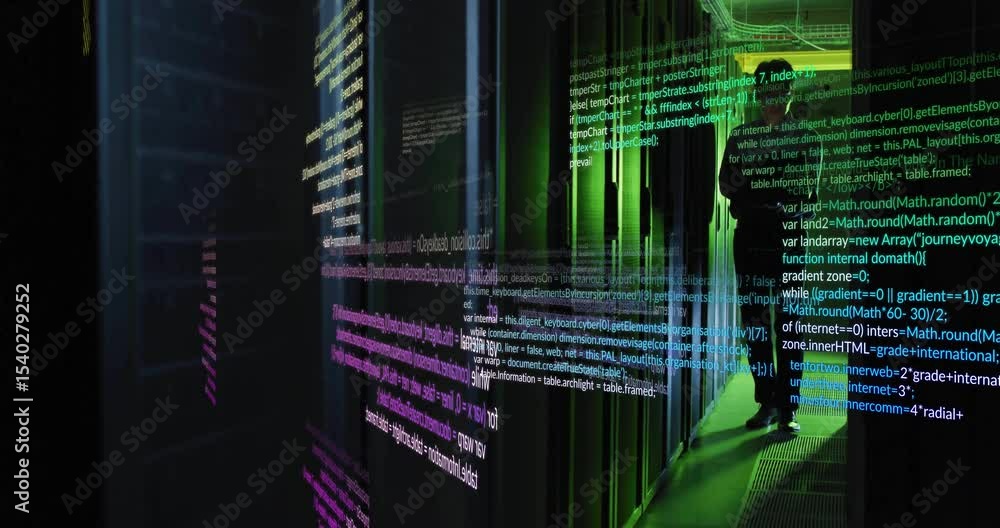 Aufkleber stepping into green server hall it engineer using laptop for diagnostics with swirling code
