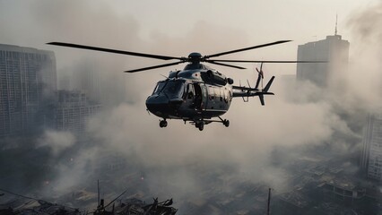Helicopter Emergency Response Aerial View of Urban Disaster Relief Operation