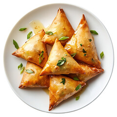 Samosa, samsa or somsa is a triangular fried cake. The filling is boiled potatoes seasoned with spices mixed with peas, onions, cilantro, and sometimes paneer. This snack is popular in Central Asia, S